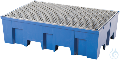 Sump pallet PE-HD blue grid galv. forklift accessible V=220L, 865x1245x350