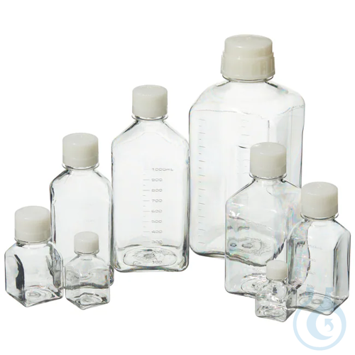 Nalgene&trade; Square PETG Media Bottles with Closure: Sterile,