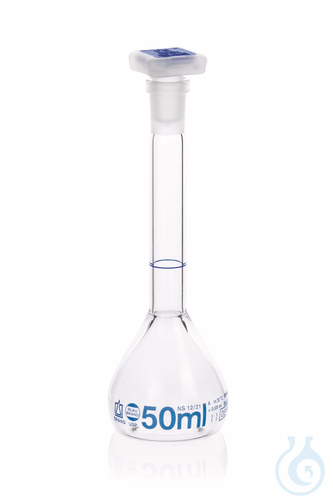 Vol. flask BLAUBRAND class A DE-M, 50 ml, Boro 3.3, NS 12/21, PP-stopper