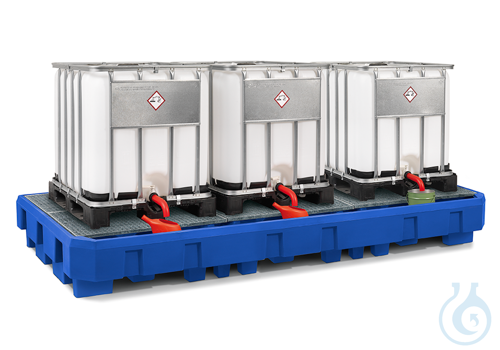 IBC station PE blue grid galv. forklift accessible V=1000L, 3640x1800x450