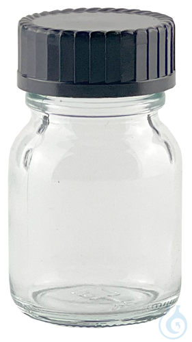 Bottles, wide neck, with thread and screw cap clear glass GL 25 ml 28