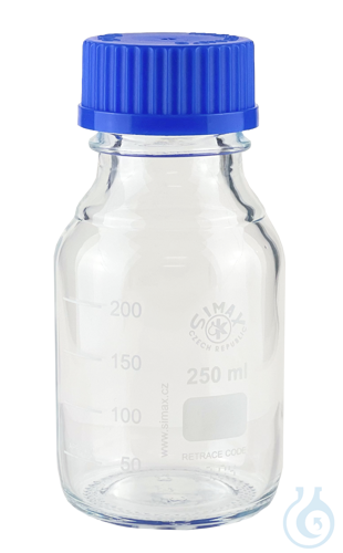 Reagent bottles with thread and scale, borosilicate glass 3.3, with blue screw