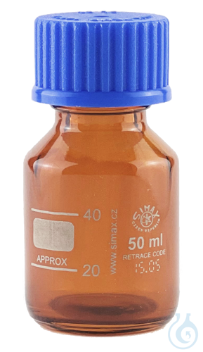 Reagent bottles with thread and scale, borosilicate glass 3.3, amber, with blue