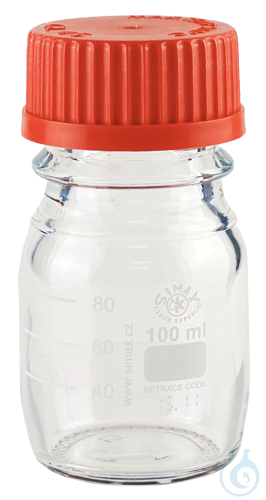 Reagent bottles with thread and scale, clear borosilicate glass 3.3, with red