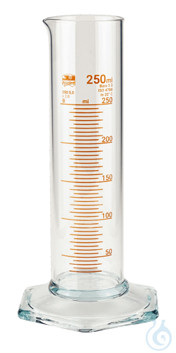 Measuring cylinders, low form, borosilicate glass 3.3, hexagonal base, amber