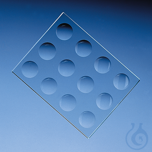 Spotting tile, soda-lime glass, 130x100x 6 mm, 12 cavities dia. 20-22 mm
