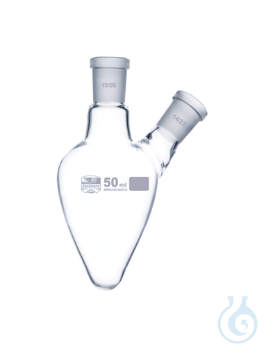 Flasks, pear shape, two neck, Boro 3.3, printing white, DIN12383, Capacity: 100