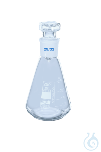 Flasks, erlenmeyer, (conical) narrow neck with socket, with glass stopper, Boro