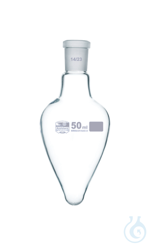 Flasks, boiling, pear shape with socket, DIN 12383, Boro 3.3, printing white,