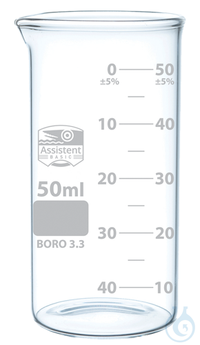 Beakers, tall form, with spout, DIN EN ISO 3819, Boro 3.3, printing white,