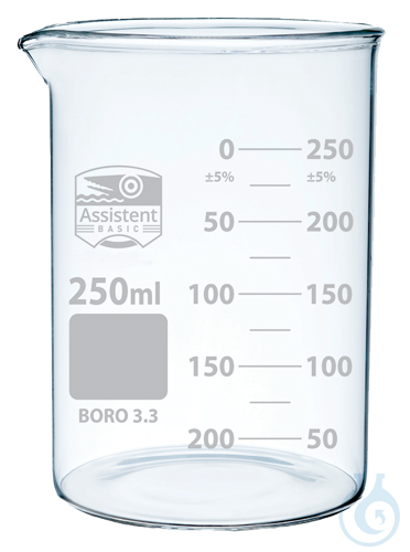 Beakers, low form, with spout, DIN EN ISO 3819, Boro 3.3, printing white,