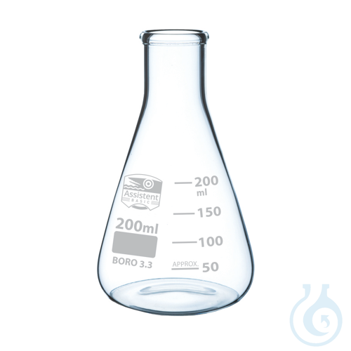 Flasks, Erlenmeyer, narrow neck, DIN EN ISO 1773, Boro 3.3, printing white,