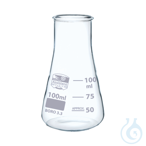 Flasks, Erlenmeyer, wide neck, DIN EN ISO 1773, Boro 3.3, printing white,