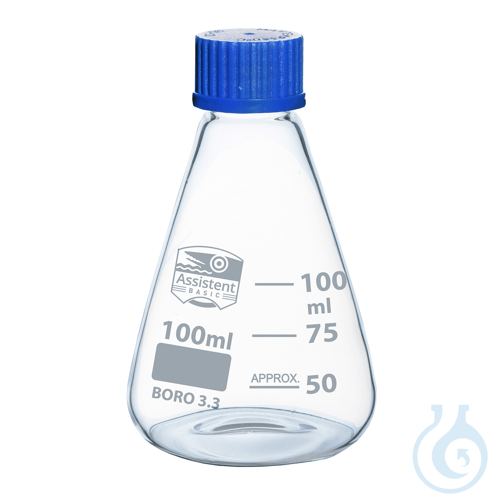 Flasks, Erlenmeyer, with screw cap, Boro 3.3, with PP screw cap, printing white,