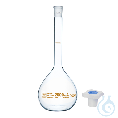 Flask, volumetric class 'A’, clear, amber graduation, with plastic stopper, DIN