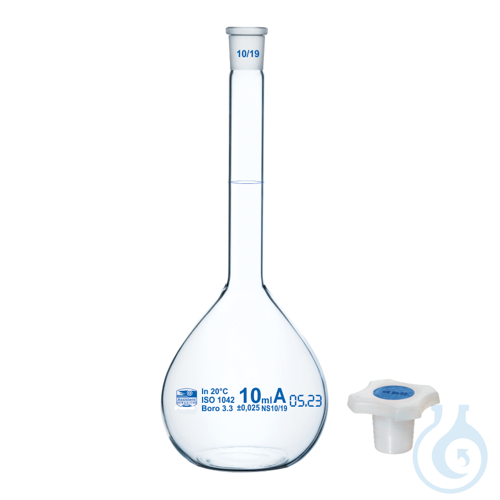 Flask, volumetric class 'A’, clear, blue graduation, with plastic stopper, DIN