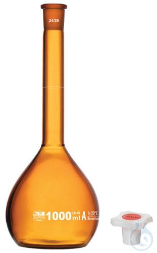 Flask, volumetric class 'A’, amber, white graduation, with plastic stopper, DIN