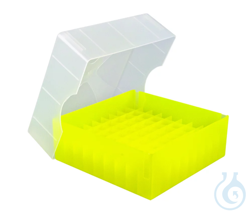 ratiolab® Cryo Boxes, PP, grid 6 x 6, ye llow, 133 x 133 x 50/75 mm, combi-lid,
