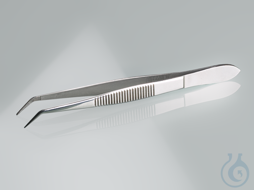 Forceps, stainless steel, sharp, bent form, 130 mm