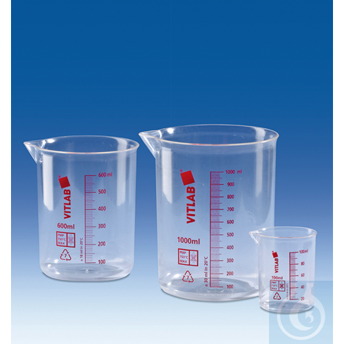 Beakers, PMP, red scale, 600 ml 600 ml : 50 ml, transparent