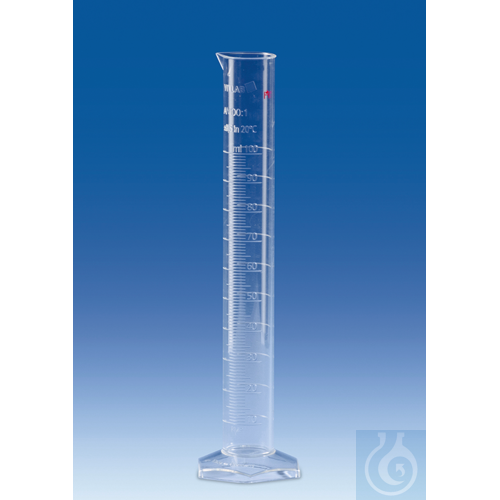 Graduated cylinder, PMP, 100 ml, class A, DE-M marked, tall form, moulded scale