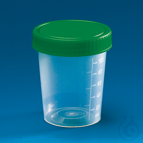 Urine beaker, PP, screw cap, IVD, grad. to 100 ml, non-sterile, green cap