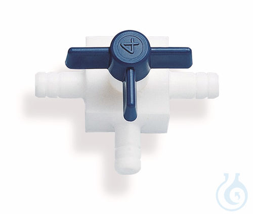 Stopcock, PTFE, T-bore with nozzles, f. tub. inner dia. 3 mm bore 2 mm