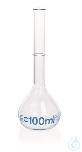 Volumetric flask,flanged rim,Boro 3.3,, BLAUBRAND, grad. in blue, class A, DE-M