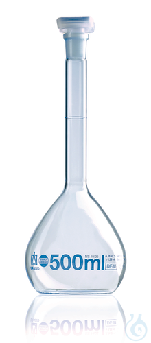 Volumetric flask, Boro 3.3, BLAUBRAND,, class A, grad. in blue, with NS 10/19
