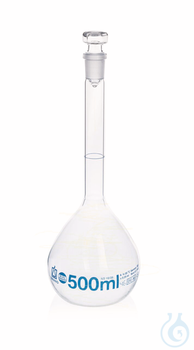 Volumetric flask, Boro 3.3, BB,, class A, grad. in blue, with glass