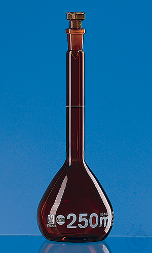 Volumetric flask, amber glass, Boro 3.3,, BLAUBRAND, class A, grad. in white, wi