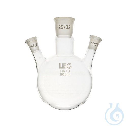 Flask, round bottom with three necks (side angle), LBG 3.3, cent. 24/29, side 19