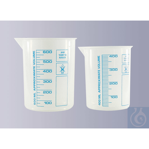 Laboratory griffin beakers, antistatic, PP, blue graduation, 600 ml