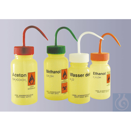 Wash bottle, wide neck, PE-LD, yellow, capacity 250 ml, Acetone, red