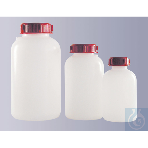 Wide neck bottle, HDPE, round, natural, with red closure and seal, GL56, 2000 ml