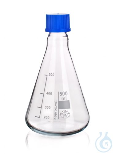 Flask, Erlenmeyer, GL45, with PP-Cap and Ring (blue), 500ml, 10/PK
