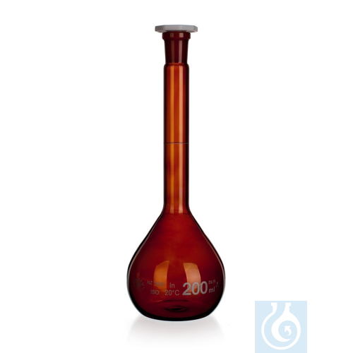 Flask, volumetric with plastic stopper NS 12/21, brown, Class B, 50ml, 10/PK