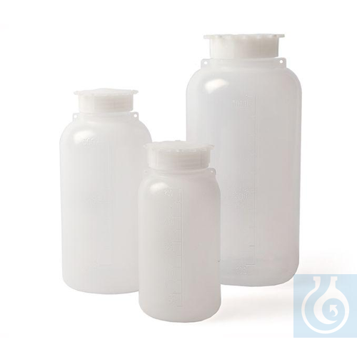Wide mouth bottle LDPE 250 ml Ø 60 x H 125, mouth 34,5 mm, eyelets, graduated