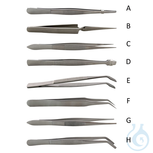 Laboratory forceps, fine tips, bent, stainless steel, 2 pcs