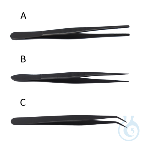 Laboratory forceps, fine tips, bent, PTFE coated stainless steel, 2 pcs