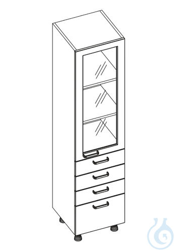 labtable Laborschrank 1 Glastür, Scharniere rechts, 4 Schubladen, auf Sockel + B
