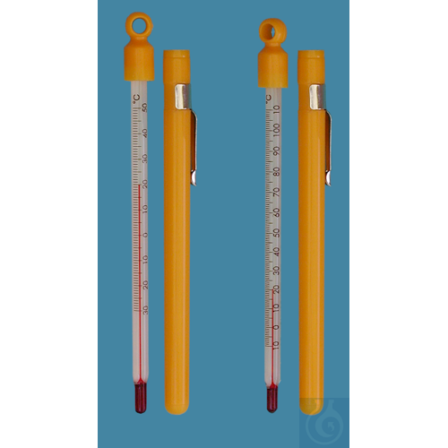 Pocket thermometer, simple type, in yellow plastic case with clip, solid stem,