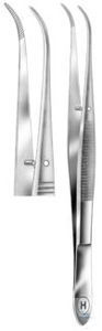 Forceps, Perry, curved. unitd, fine tips, serrated, 130 mm