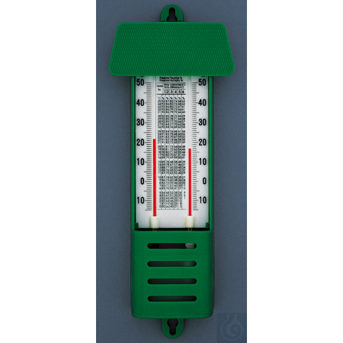 Indoor outdoor psychrometer, green plastic casing with roof, 2 thermometer wet