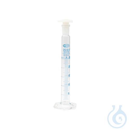 Measuring cylinder hexagonal base, with plastic stopper, class A, 250 ml, Prem.