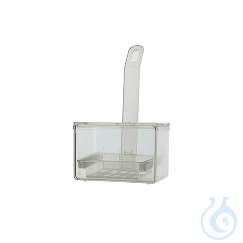 Staining jar made of PMP with a rack made of PP, for 20 slides