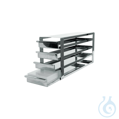 Rack with sliding shelfs, stainless steel, for 5 x 4 cryoboxes of 50 mm tall