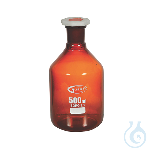 Reagent bottle amber, narrow mouth, with PP stopper, 500 ml, GLASSCO