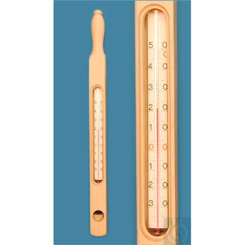 Cylinder thermometer in wooden frame, enclosed scale, -30+50:1°C, capillary