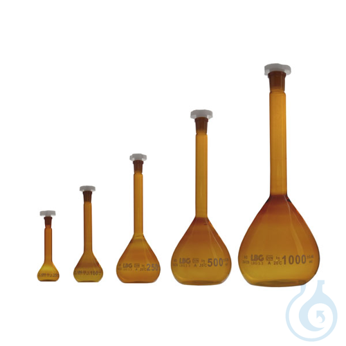 Volumetric flask, amber glass LBG 3.3, class A with plastic stopper, 250 ml, 14/
